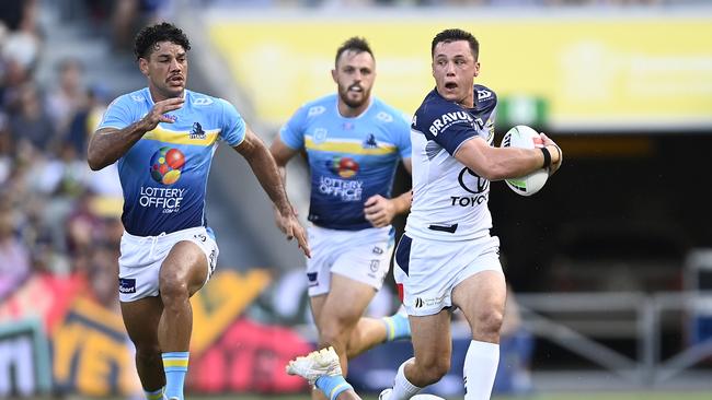 TOWNSVILLE, AUSTRALIA - APRIL 07: Scott Drinkwater of the Cowboys makes a breakduring the round five NRL match between North Queensland Cowboys and Gold Coast Titans at Qld Country Bank Stadium, on April 07, 2024, in Townsville, Australia. (Photo by Ian Hitchcock/Getty Images)