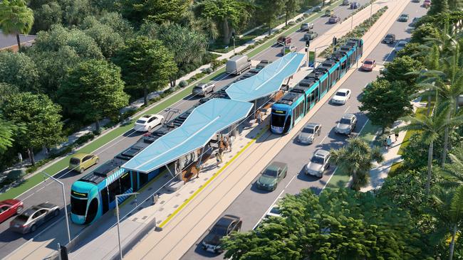 An artist's impression of light rail transit, which is one of the options presented in Sunshine Coast Council's Draft Options Analysis for a mass transit plan.