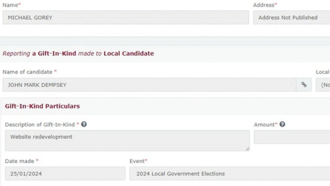 Queensland electoral commission records show Michael Gorey made a $500 donation for "website development" towards Mr Dempsey's campaign.