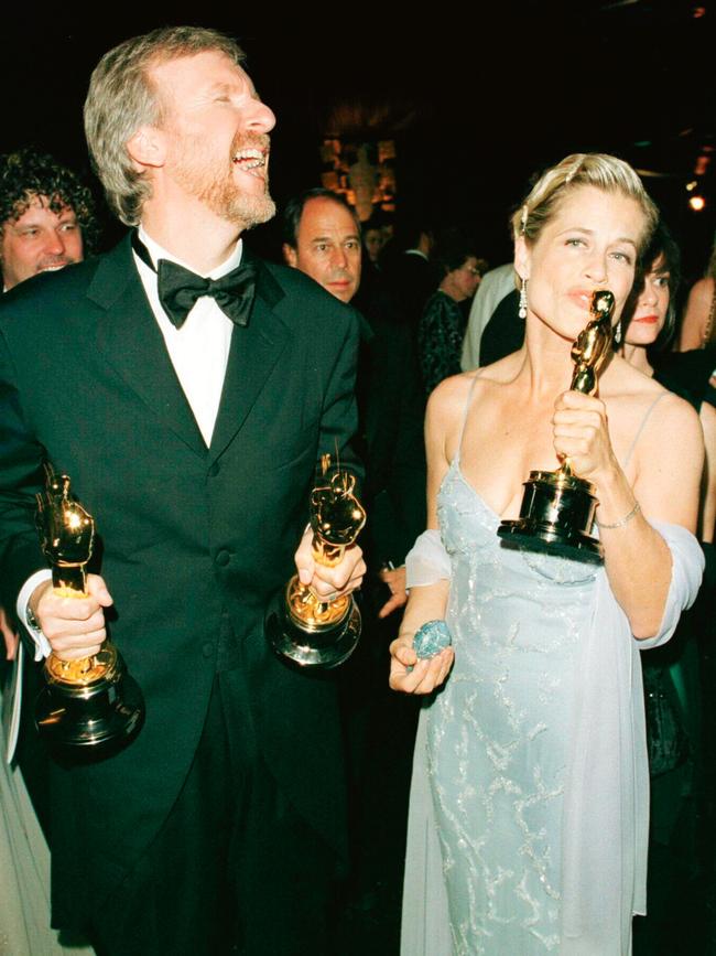 With then-husband James Cameron and three of Titanic’s Oscars in 1998. (Picture: Supplied)