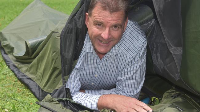 MP Stephen Bennett tries out one of the backpack beds.