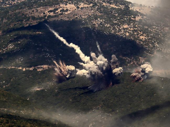 Explosions occur during Israeli strikes targeting the Jabal Al-Rehan area in the southern Lebanese Jezzine district. Picture: AFP