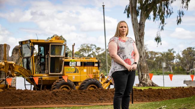 Mid Murray Council Mayor Simone Bailey at the levy being built at Mary Ann reserve in Mannum, on November 23, 2022. Picture: Tom Huntley