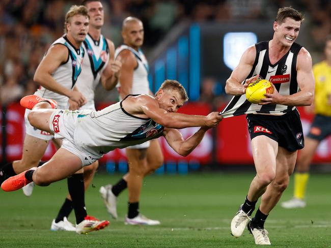 And Ollies Wines and the Power were just no match for a ferocious Magpiges. Picture: Michael Willson/AFL Photos