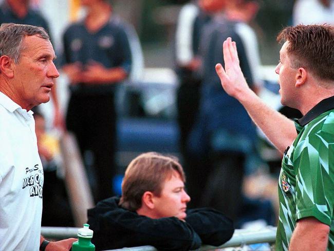 Penrith soccer coach Stan Ackerley is ordered from the bench by the match referee after a game was stopped in Sydney because of constant abuse being screamed at the referee. Picture: Nick Andrean