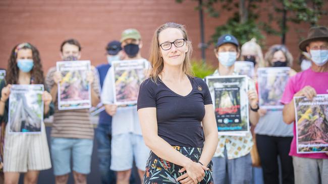 Dr Jennifer Sanger at the Executive Building with a petition organised by Blue Derby Wild of more than 31,900 calling for the protection of Krushka's forests that are scheduled to commence logging this month. Picture: Richard Jupe