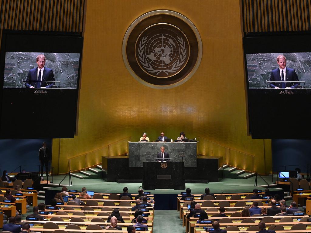 Prince Harry, Duke of Sussex, delivers the keynote address during the 2020 UN Nelson Mandela Prize award ceremony to an almost empty room. Picture: AFP