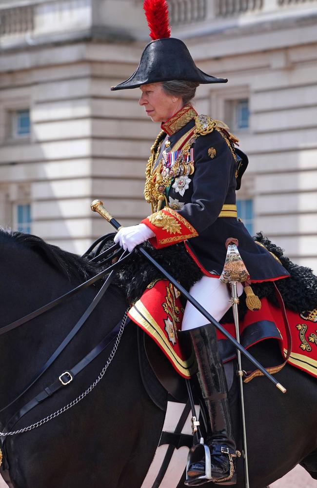 Princess Anne, Princess Royal, in her role as Colonel of the Blues and Royals, rides her horse at Horse Guards Parade during Trooping The Colour. Picture: Paul Ellis – Getty Images