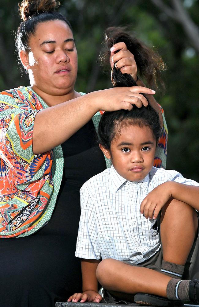 Wendy Taniela with her 5 year old son Cyrus Taniela in a play ground in Upper Caboolture. Picture: AAP, John Gass