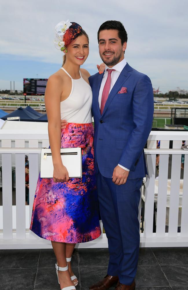 Frances Abbott and Lindsay Smith in the Birdcage at the 2014 Melbourne Cup. Picture: Alex Coppel.