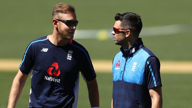 Stuart Broad and James Anderson of England talk during an England nets session at Adelaide Oval. Picture: Ryan Pierse/Getty Images