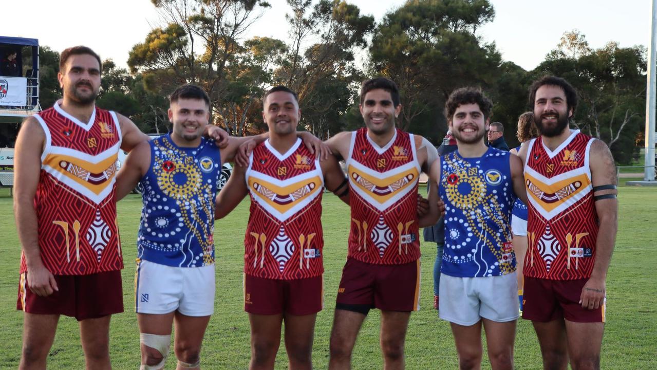 Indigenous players Matt Hartman, Robbie Young, David Wilson, Tim Hartman, Jacob Wilson, Clinton Walker at the Tailem Bend v Meningie RMFL Indigenous Round match. Picture: Supplied/Jodie Jaensch