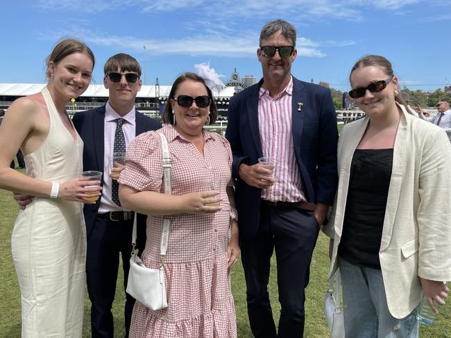 Paul Makin, Sarah Makin, Sophie Makin, Ellie Makin and Jack Hedges at the 2024 Oaks Day. Picture: Himangi Singh.