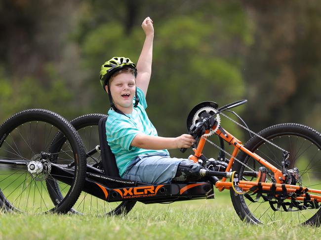 The new bike customised for Ted Johnson after both his legs were amputated soon after birth. Picture: Alex Coppel