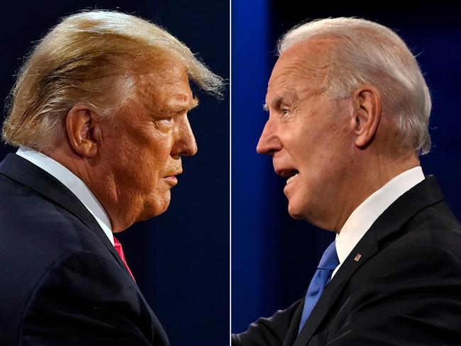 (FILES)(COMBO) This combination of file pictures created on October 22, 2020 shows US President Donald Trump (L) and Democratic Presidential candidate and former US Vice President Joe Biden during the final presidential debate at Belmont University in Nashville, Tennessee, on October 22, 2020. - President Donald Trump and Democratic challenger Joe Biden are battling it out for the White House, with polls closed across the United States Tuesday -- and a long night of waiting for results in key battlegrounds on the cards. (Photos by Morry GASH and JIM WATSON / AFP)