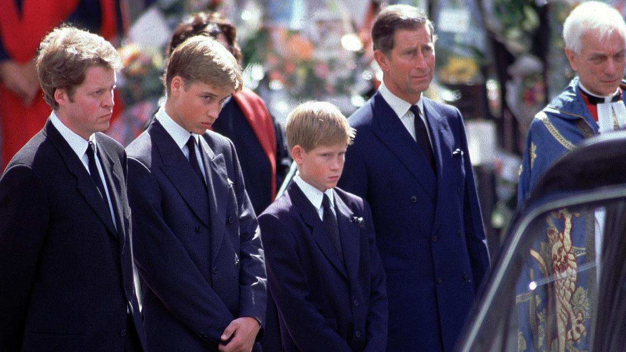 Young Princes William and Harry pictured with their dather, Prince Charles and Diana’s brother, Earl Spencer, at her funeral in 1997. Picture: Jeff Overs/BBC News &amp; Current Affairs via Getty Images