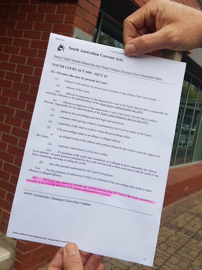 A copy of the Youth Court Act provided to reporters by Auxiliary Magistrate Ted Iuliano’s staff. Picture: Sean Fewster.