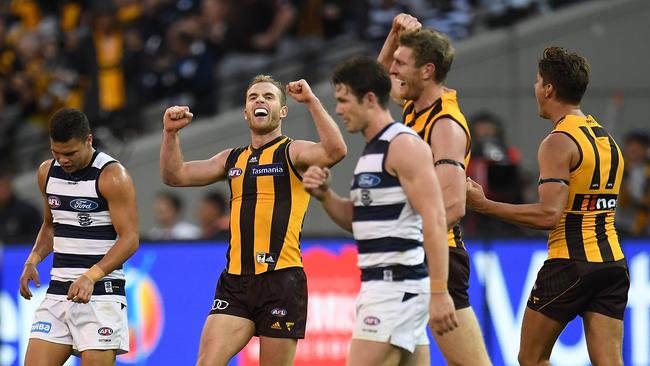 Tom Mitchell reacts after the final siren on Easter Monday. Picture: AAP Image/Julian Smith