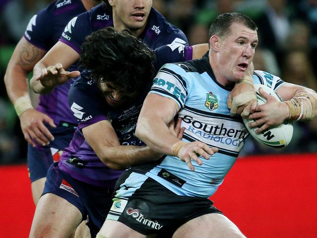 NRL Round 26 — Melbourne Storm v Cronulla Sharks at AAMI Park. Paul Gallen gets tackled. 3rd September 2016. Picture: Colleen Petch.