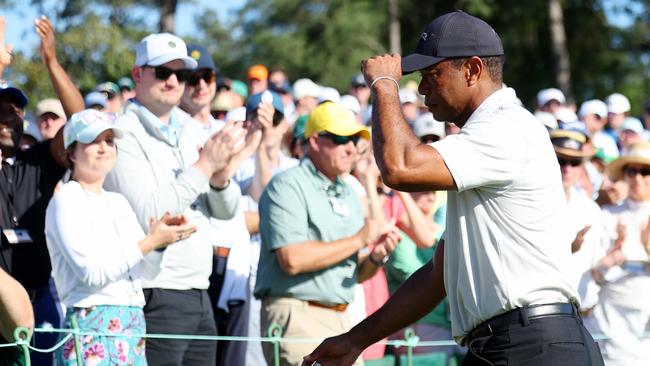 Tiger Woods acknowledges the crowd walking off the 18th green during the costly third round of the 2024 Masters Tournament at Augusta National Golf Club. Picture: Andrew Redington/Getty Images