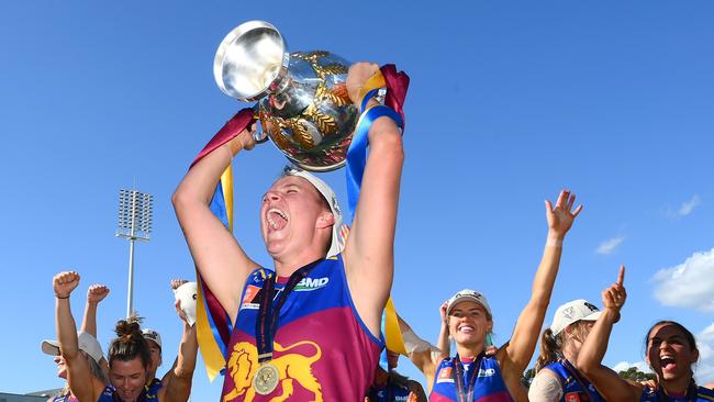 MELBOURNE, AUSTRALIA - DECEMBER 03: Dakota Davidson of the Lions celebrates with the premiership Cup during the AFLW Grand Final match between North Melbourne Tasmania Kangaroos and Brisbane Lions at Ikon Park, on December 03, 2023, in Melbourne, Australia. (Photo by Quinn Rooney/Getty Images) *** BESTPIX ***