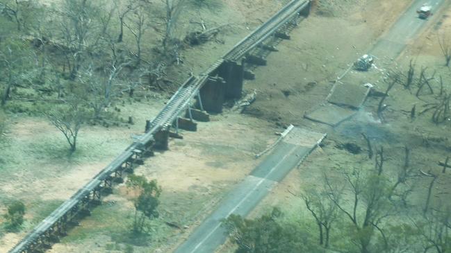 The damaged road and rail bridge. Picture: South West Air Service/Pete Wade