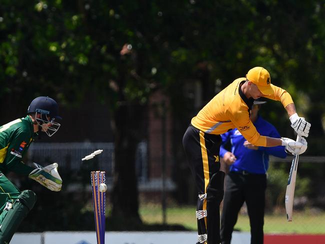 Nightcliff captain Michael Kudra is skittled by Farzan Chowna. Picture: Pema Tamang Pakhrin