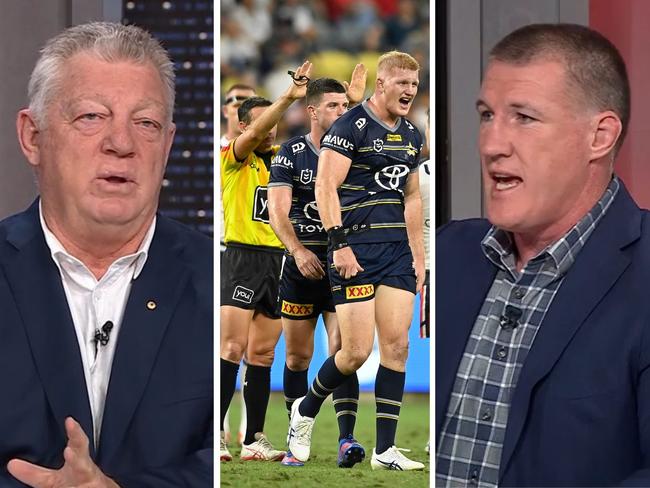 Phil Gould and Paul Gallen were on the opposite sides of the argument. Photo: Channel 9 and Getty Images