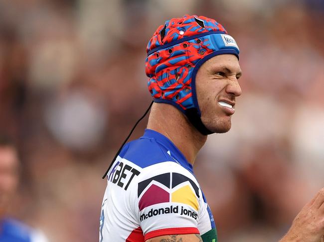 SYDNEY, AUSTRALIA - MARCH 07: Kalyn Ponga of the Knights reactsduring the round one NRL match between the Wests Tigers and Newcastle Knights at Campbelltown Sports Stadium on March 07, 2025, in Sydney, Australia. (Photo by Mark Metcalfe/Getty Images)