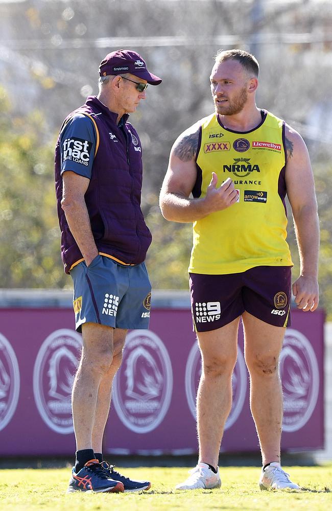 Wayne Bennett and Matt Lodge are seen during a Brisbane Broncos training session in 2018. Picture: Dave Hunt