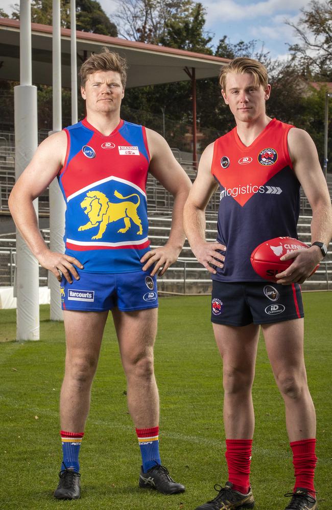 SFL, James McIndoe from Huonville Lions and Samuel Lewis- Johnson from Brighton at North Hobart. Picture: Chris Kidd