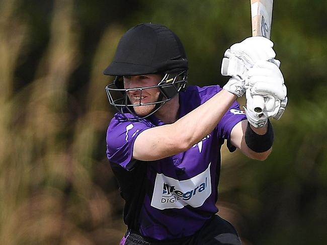 Southern Storm skipper Mac Wright square drives on his way to an unbeaten century against the Northern Tide. Picture: Felicity Elliott