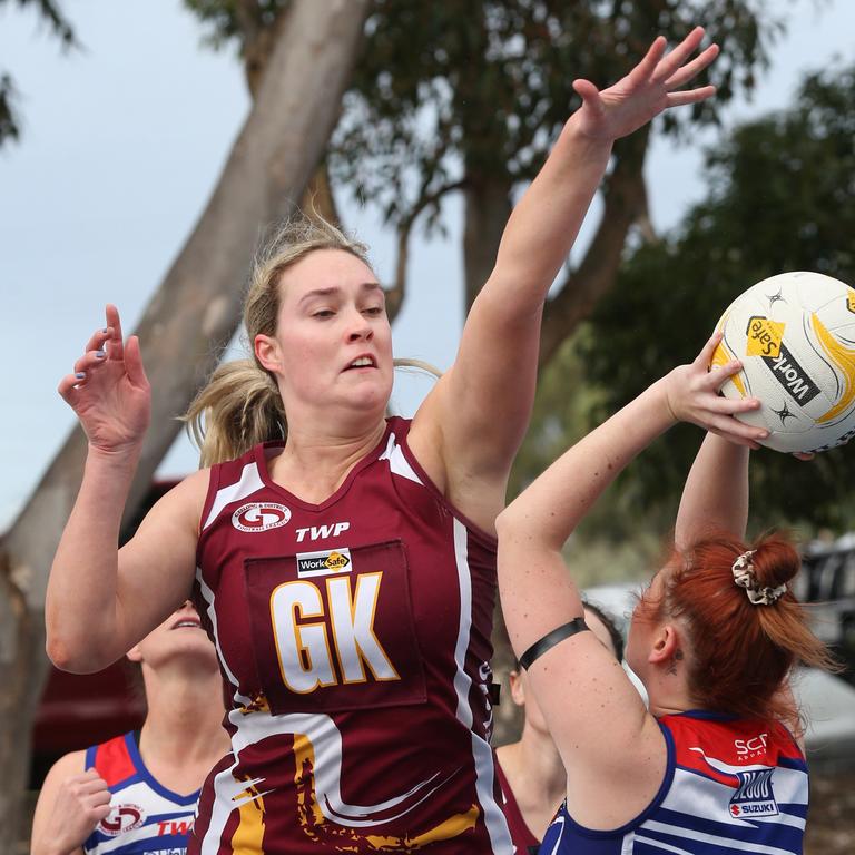 A Grade netball GDFL: Bell Post Hill v East Geelong Bell Post Hill goal shooter Kate Stephens has East Geelong Goal keeper Stephanie Boyce blocking Picture: Mark Wilson