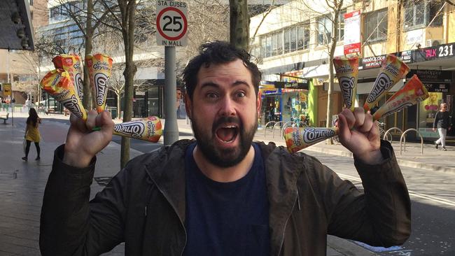 Sydney man Jesse James McElroy with Streets new Gaynettos, a combination of the Golden Gaytime and Cornetto ice creams.