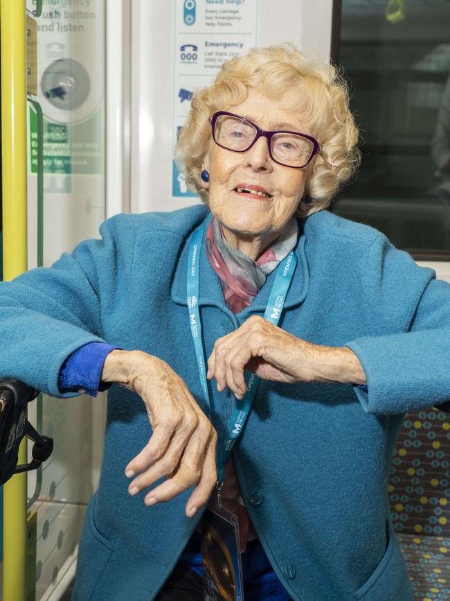 Ruth Karnowski, 94, has been ‘living for this moment for 30 years’ and was thrilled to be travelling on the new Metro on opening day. Picture: AAP/Matthew Vasilescu