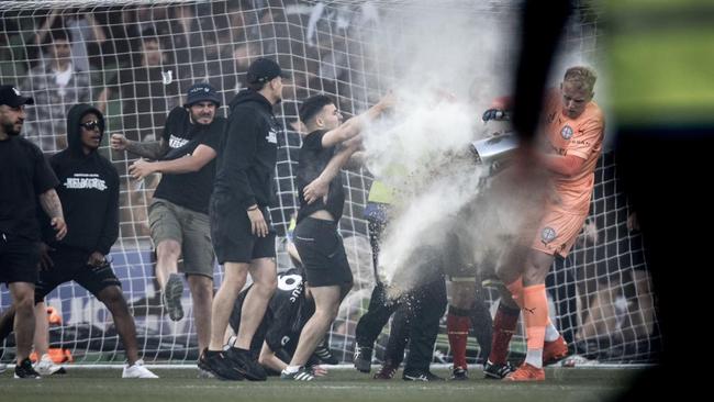 Agelopoulos hurled a bucket of sand during the one minute he was on the pitch, striking Melbourne City goalkeeper Tom Glover. Picture: Supplied