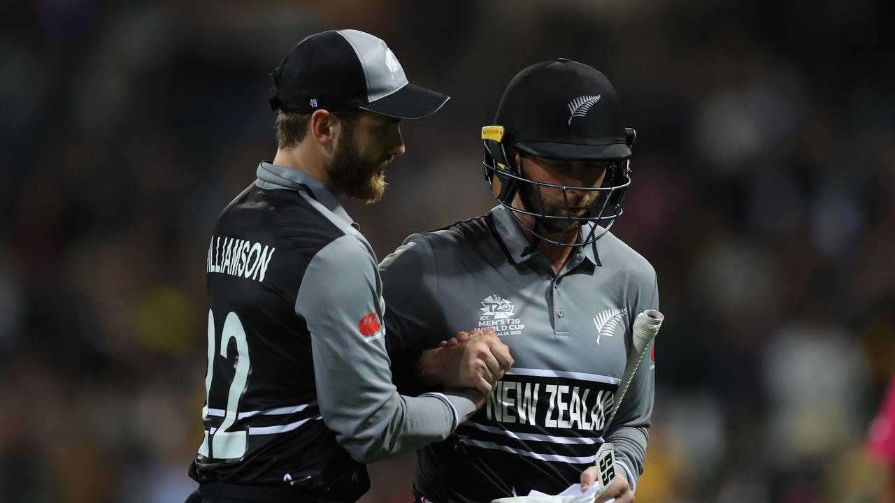 Devon Conway is congratulated by captain Kane Williamson. Picture: Getty