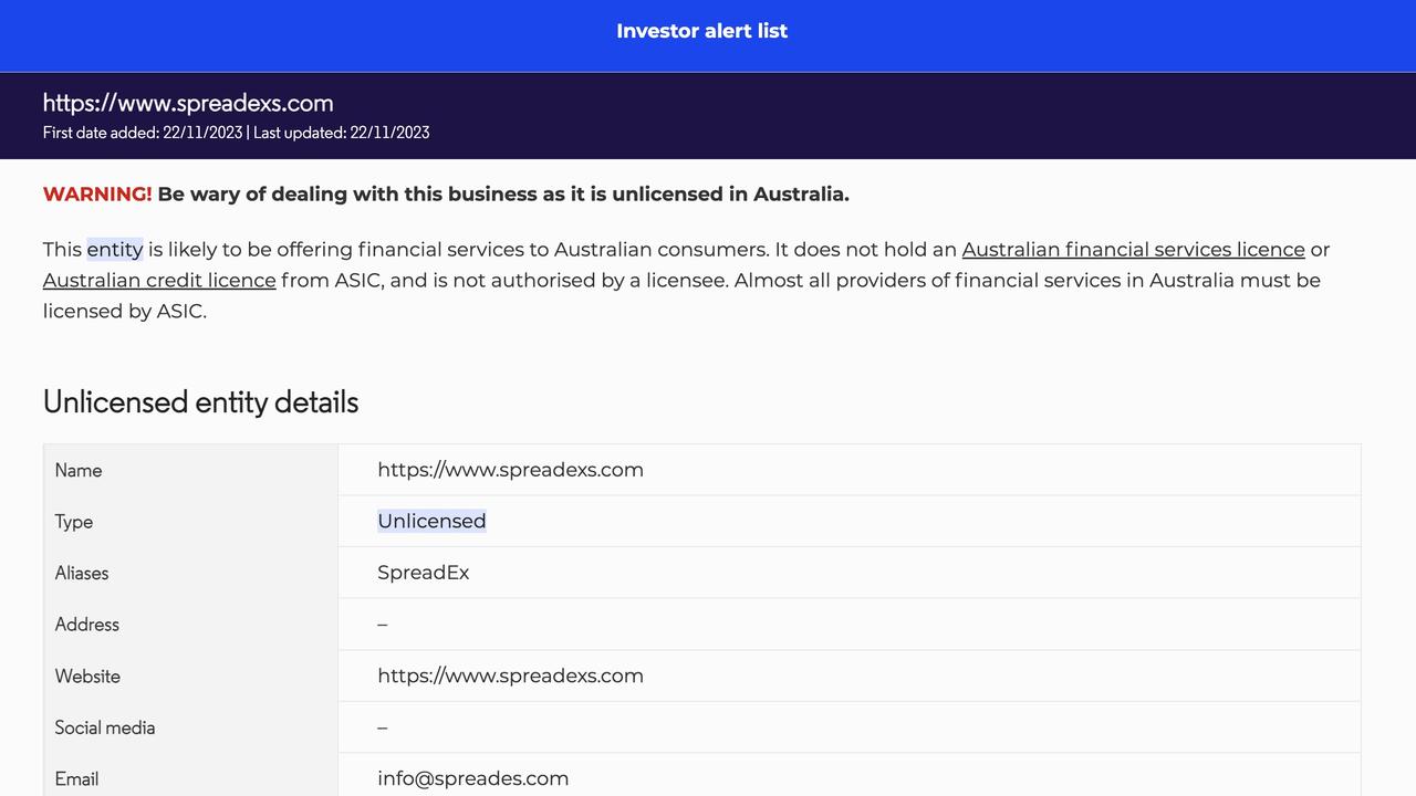 Australia’s Money Smart put out a warning about SpreadEx in December – but by then Roxy had already fully invested.