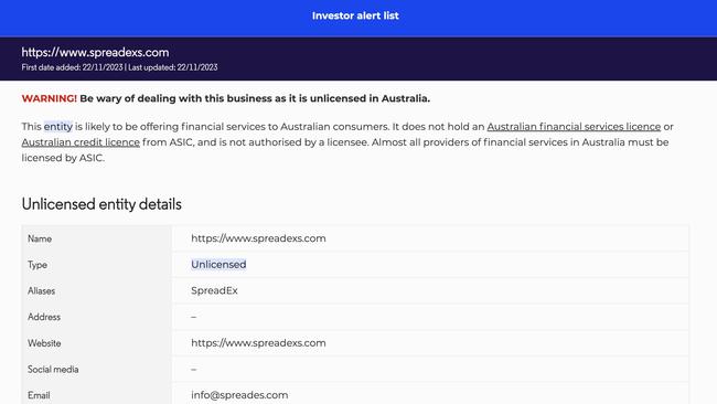 Australia’s Money Smart put out a warning about SpreadEx in December – but by then Roxy had already fully invested.