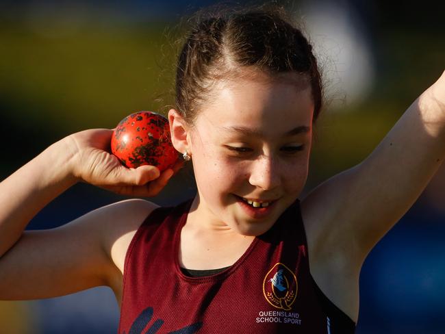 Qld's Taylah Chapman in the 10 Yrs Shot Put Darwin hosts the Australian Schools Track and Feild Championships over 5 days at Marrara Picture GLENN CAMPBELL