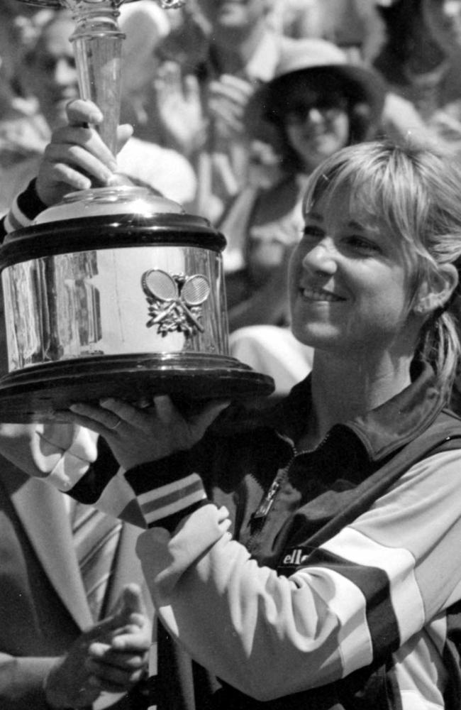 04/12/1982. Chris Evert (Lloyd) holds the Australian Open tennis trophy after her win at Kooyong,