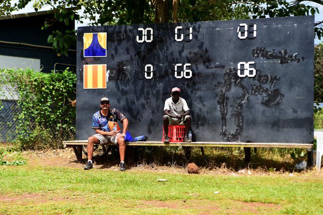 Score keepers keep a close eye on the game as the Ranku Eagles faced Tapalinga Superstars on Sunday during this year's 49th Annual Tiwi Grand Final on Bathurst Island which is part of the Tiwi Islands chain, north of Darwin, NT. Picture: Justin Kennedy