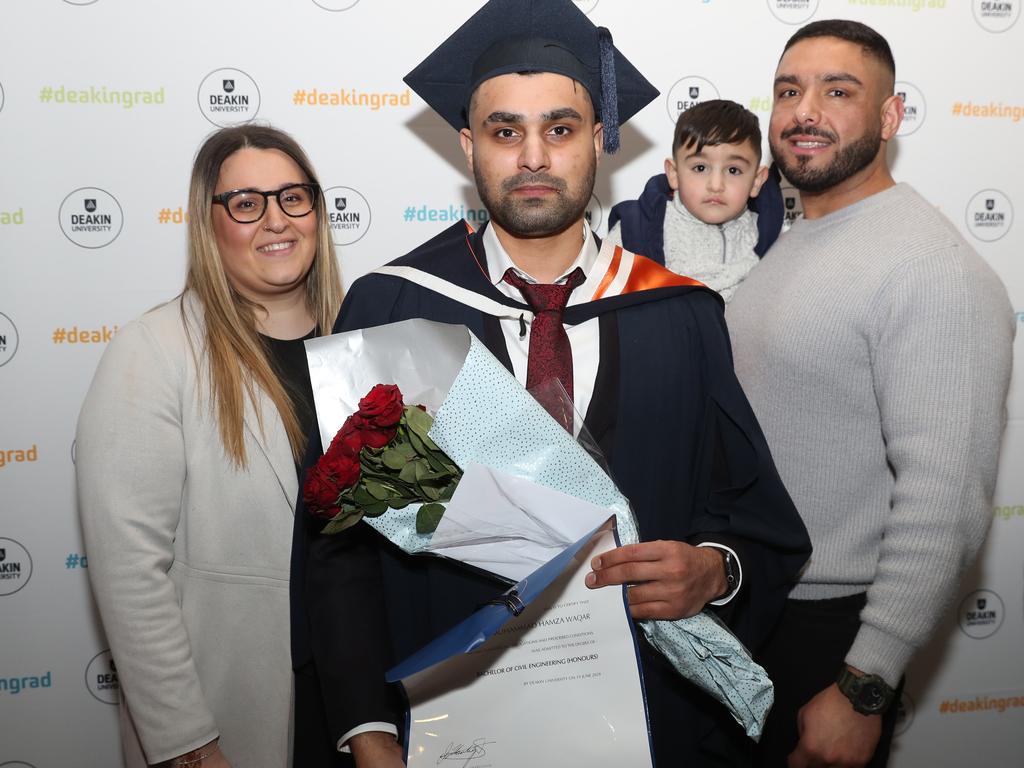 Olga Tzoras, Muhammad Waqar and Ali and Ali Tzoras. Deakin University graduation arts and SEBE faculty. Picture: Alan Barber