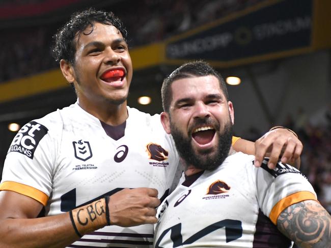 NRL 2022 RD10 Manly-Warringah Sea Eagles v Brisbane Broncos - Adam Reynolds, Try Celebration with Selwyn Cobbo. Picture: NRL Imagery