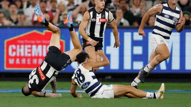 Then crashing to the turf. (Photo by Michael Willson/AFL Photos via Getty Images)