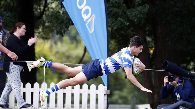 Action from the GPS first XV rugby match between Nudgee College and Toowoomba Grammar School. Nudgee College’s Kai Combarngo scores a try. Photo:Tertius Pickard