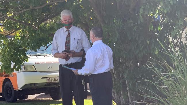 Lawyer Russell Baxter (left) speaks with bus driver Allan Whittaker, who pleaded guilty in Tweed Heads Local Court to drink driving.