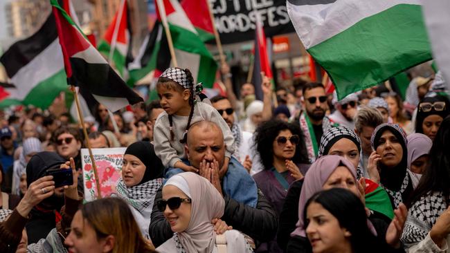 Demonstrators carrying Palestinian flags protest against Israel's participation in the Eurovision Song Contest in Malmo, Sweden. Picture: Ida Marie Odgaard / TT news agency / AFP