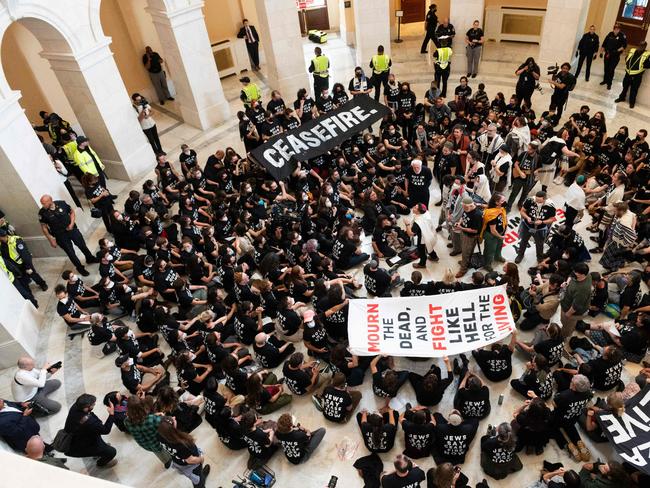 Members of the US Jewish community protest against the Israeli military operation in Gaza inside the Cannon building in the US Capitol. Picture: AFP