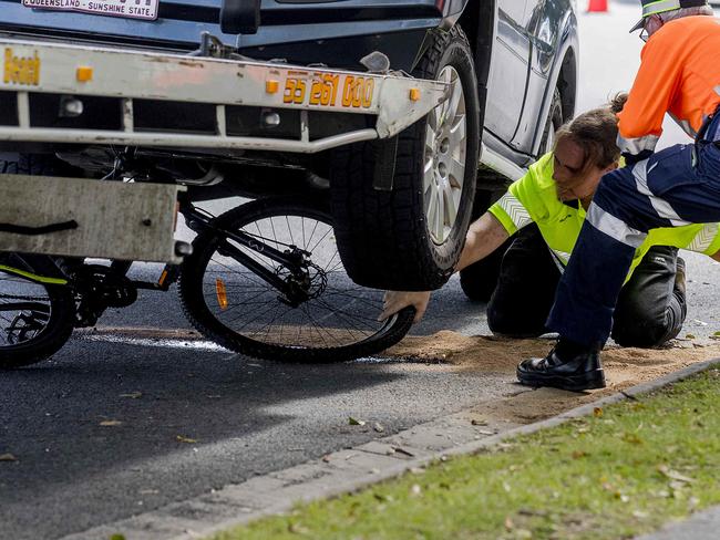 An accident scene involving a bicycle and a 4wd  out the front Elanora State High School on Nineteenth Avenue, Elanora.  Picture:  Jerad Williams